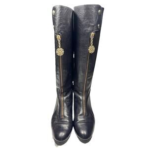 Migliorini Italy Black Leather Knee High Boots Gold Zip Charm Women’s Size 7.5